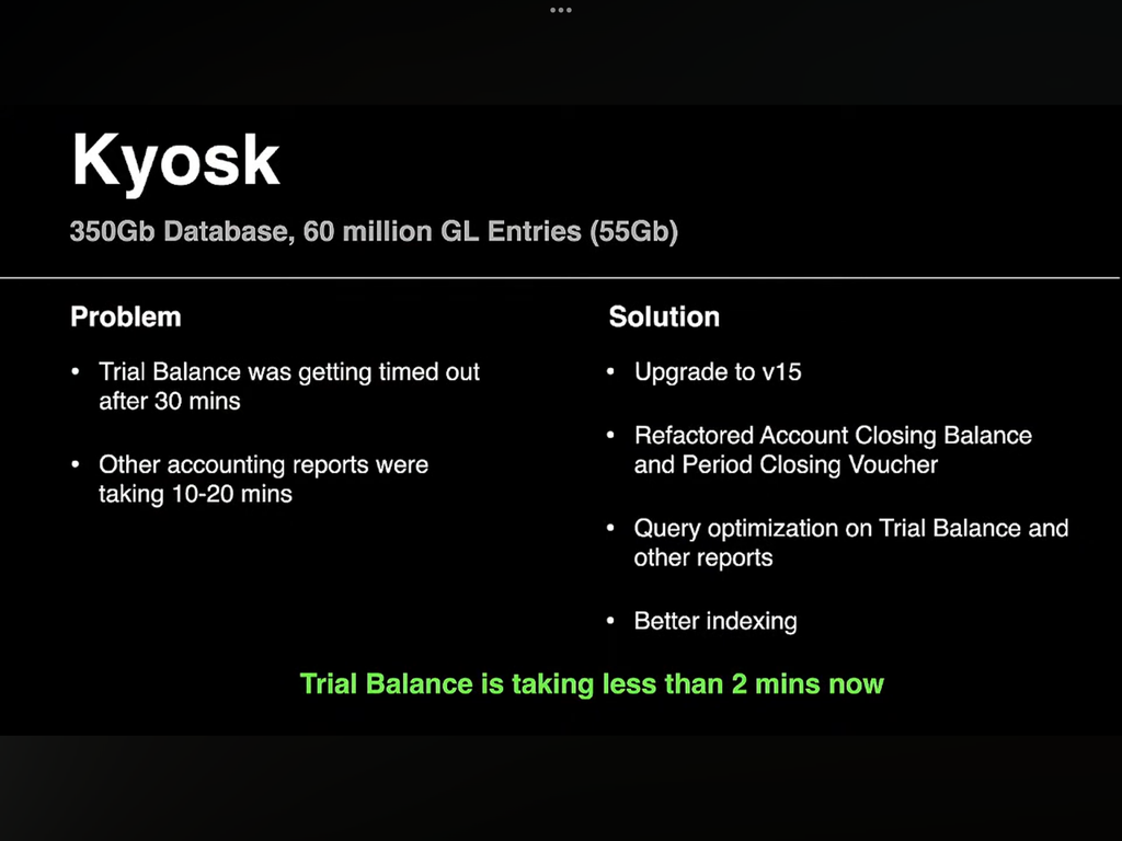 Slide displaying scale of Kiyosk's ERPNext instance