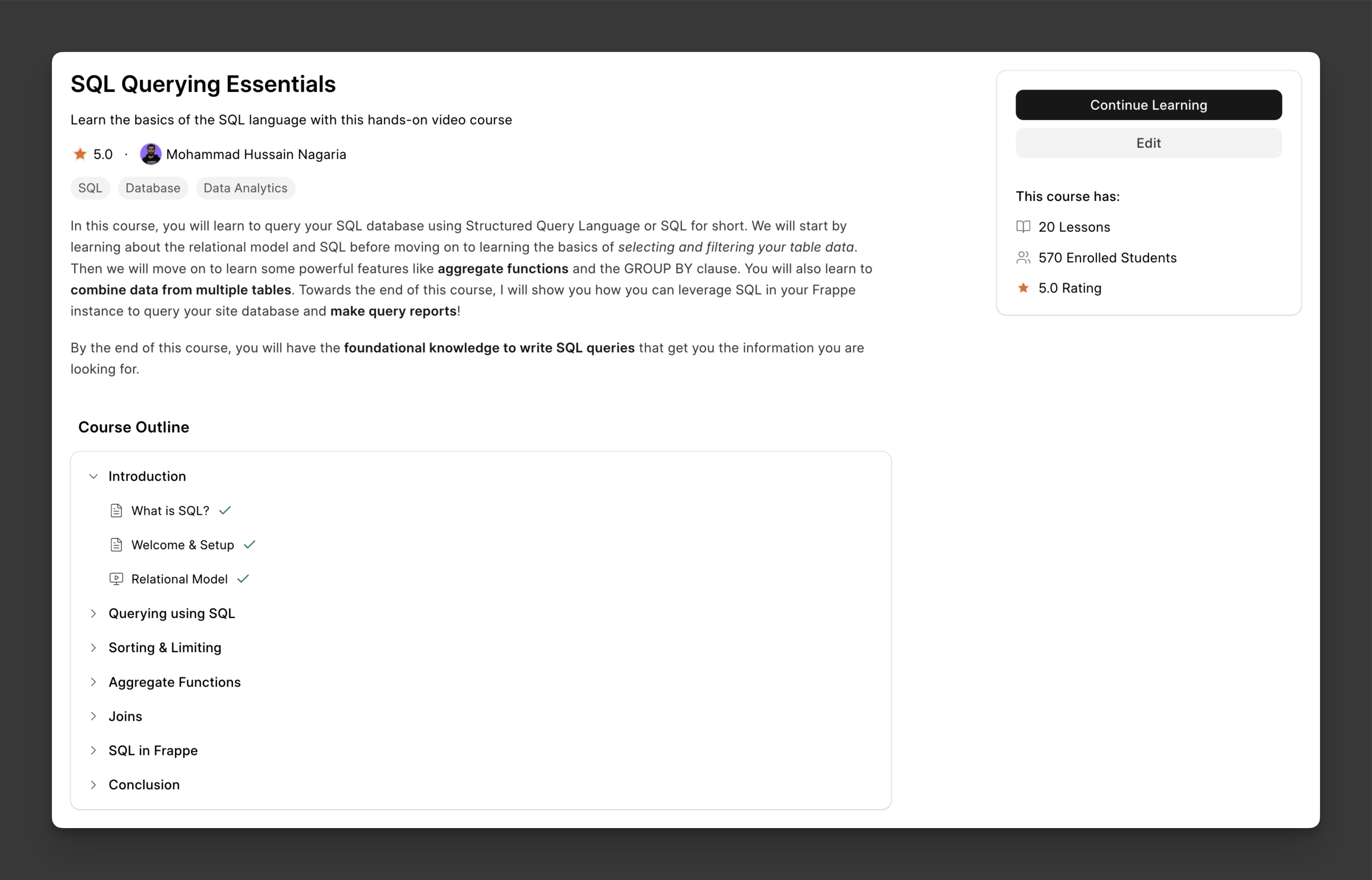 SQL Essentials Course on Frappe School